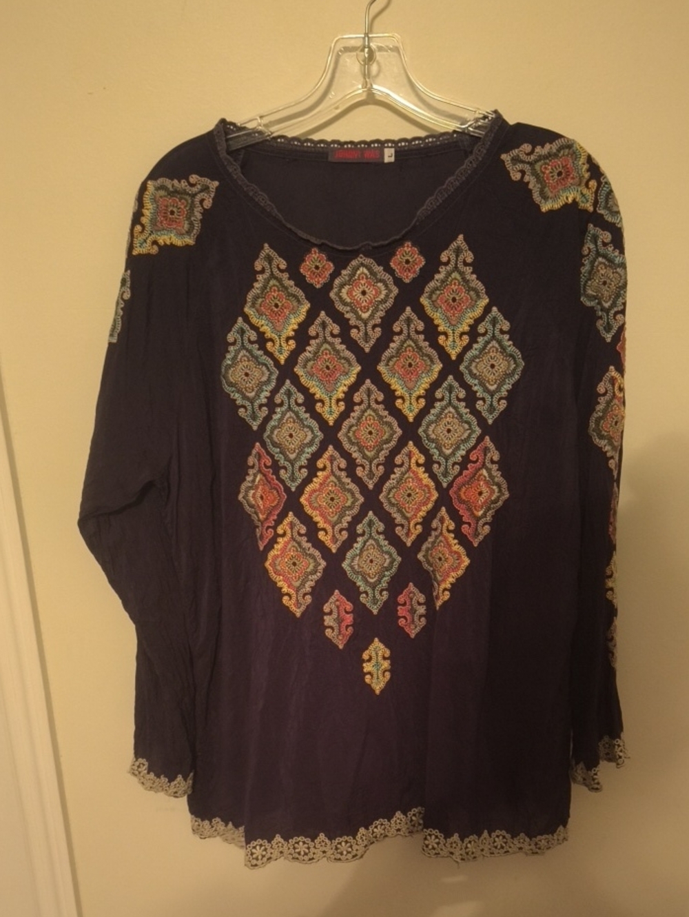 Johnny Was Navy Embroidered Diamond-Panel Tunic